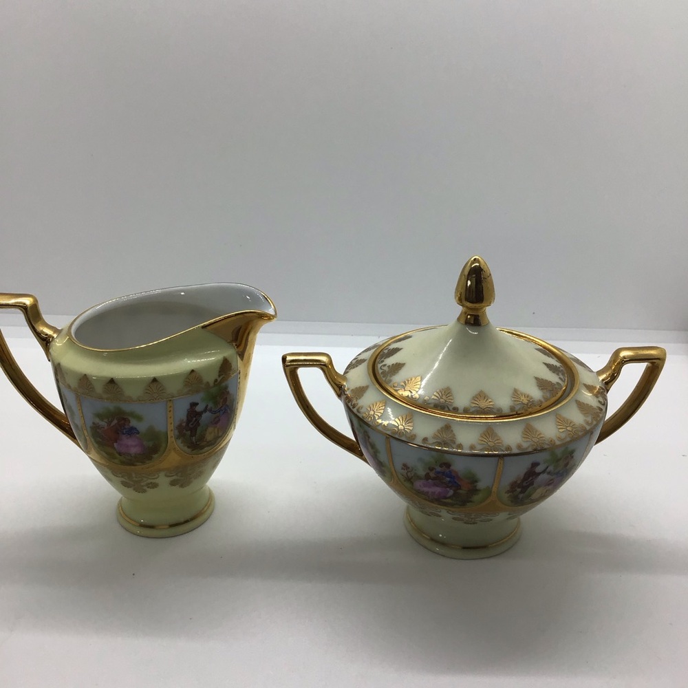 Covered Sugar And Creamer NC West Germany Hand Painted Love Story Courting Scene